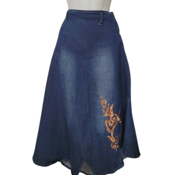 VTG Y2K Denim Maxi Jean Skirt 12 Boho Grunge 2000s Embroidered Western Prairie - Picture 14 of 16
